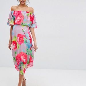 Every Cloud Rose Print Off Shoulder Frill Midi